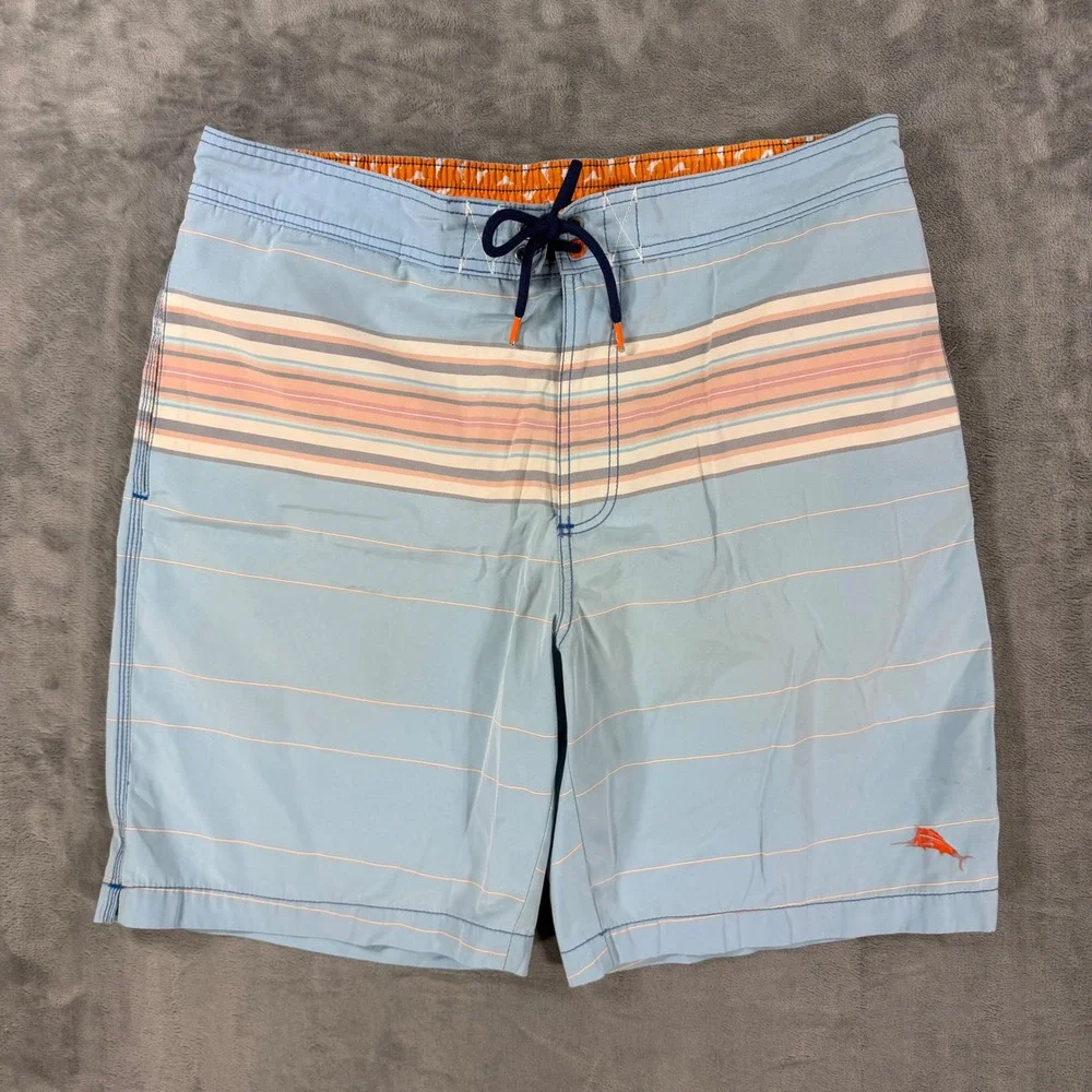 Tommy Bahama Lined Swim Shorts Men's Size Large Swim Trunks Light Blue Striped